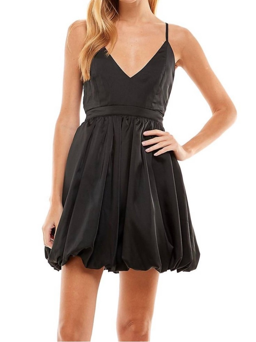 TCEC Black V-Neck Spaghetti Strap Bubble-Hem Mini Dress